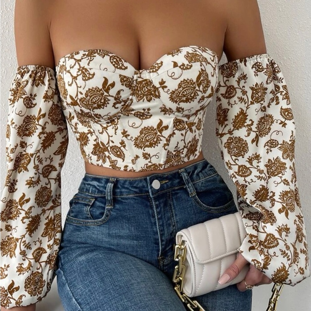 Pasley print off the shoulder tie backless lantern sleeve crop top Western